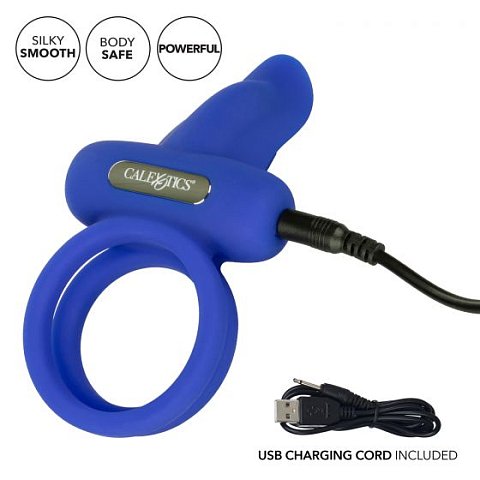 Синее перезаряжаемое эрекционное кольцо Silicone Rechargeable Dual Pleaser Enhancer со стимулятором клитора