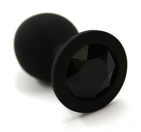 Черная силиконовая анальная пробка с черным стразом - 6,8 см.