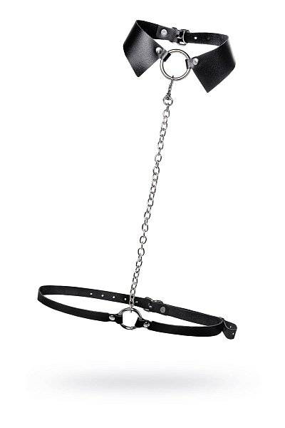 Черная портупея-чокер с поводком и карабином в виде кольца