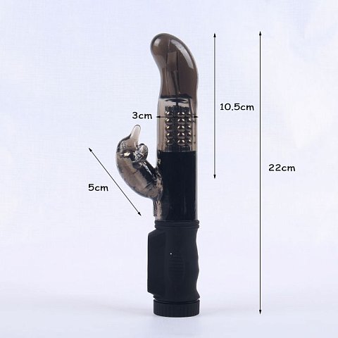 Дымчатый вибратор с изогнутой головкой, ротацией и клиторальным отростком - 22 см.
