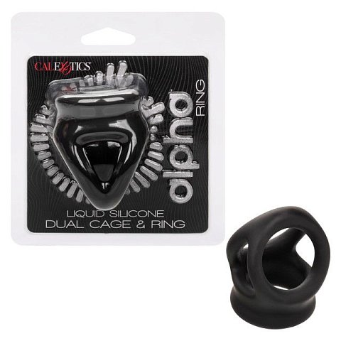 Черное тройное эрекционное кольцо Alpha Liquid Silicone Dual Cage Ring