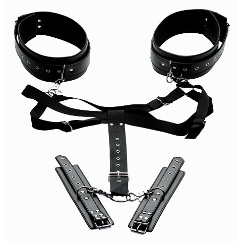 Черная бондажная система Acquire Easy Access Thigh Harness with Wrist Cuffs
