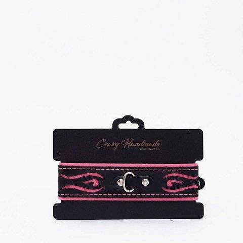 Черно-розовый кожаный ошейник с розовой строчкой