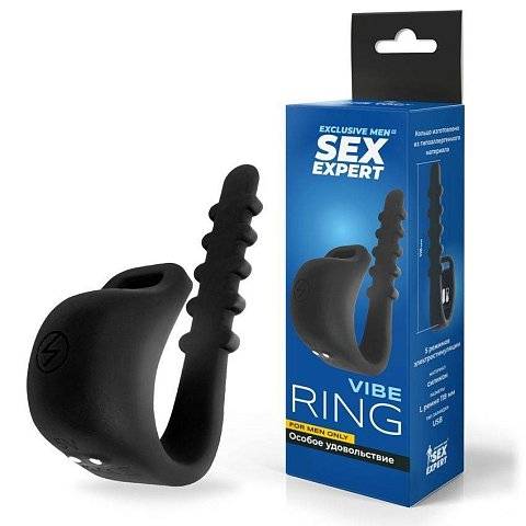 Черное эрекционное кольцо с электростимуляцией Sex Expert
