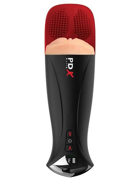 Телесный мастурбатор-вагина в черной колбе с вибрацией Fuck-O-Matic Pro XL