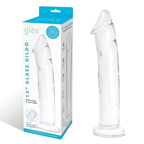 Большой стеклянный стимулятор 12’’ Glass Dildo With Veins Flat Base - 28 см.