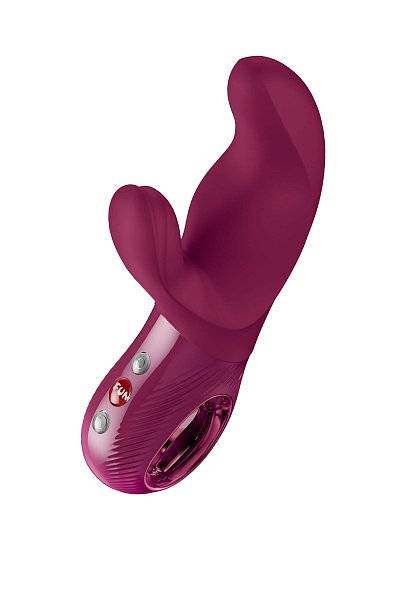 Бордовый вибратор с клиторальным стимулятором Miss Bi - 17 см.