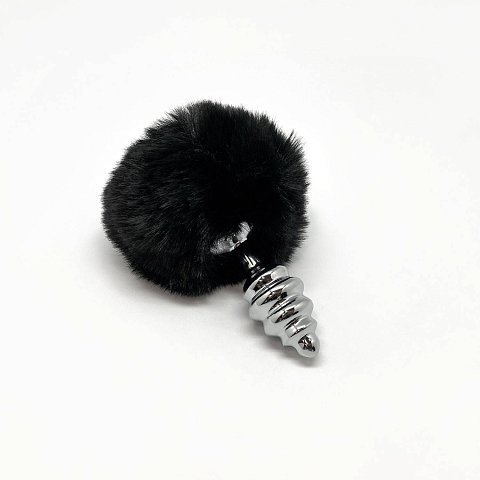 Серебристая анальная пробка с черным хвостиком Metal Anal Fluffly Twist Plug S