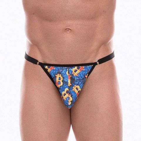 Синие мужские трусы-тонги с разноцветным принтом