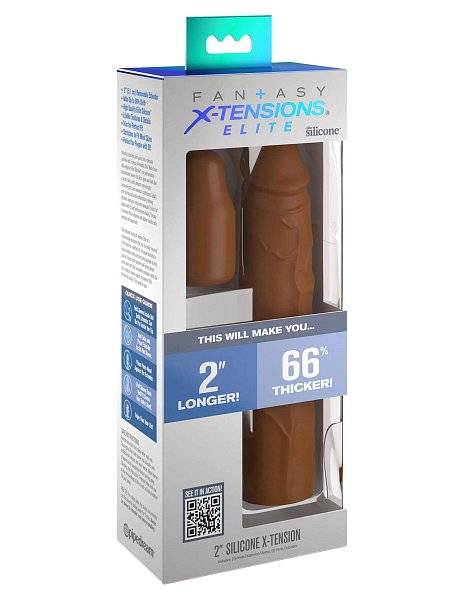 Коричневая насадка на член 2 Silicone X-tension - 20,3 см.