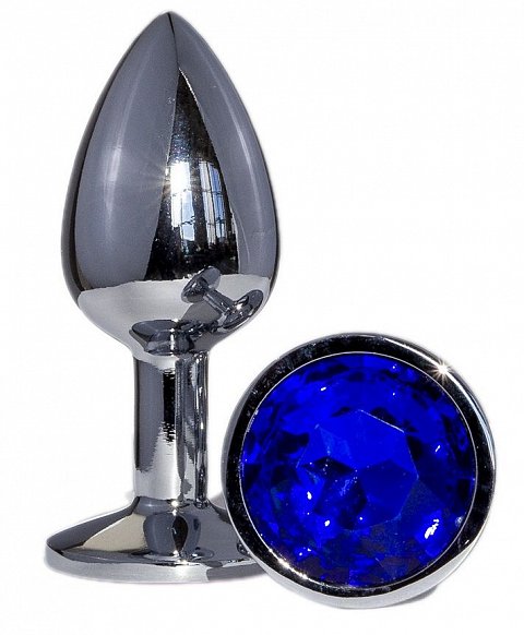 Металлическая анальная втулка с синим кристаллом - 7,2 см.