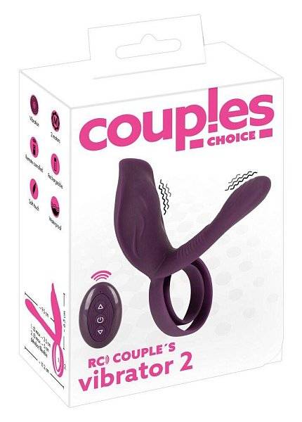 Фиолетовая насадка на член с клиторальным отростком и пультом ДУ RC Couple’s Vibrator 2