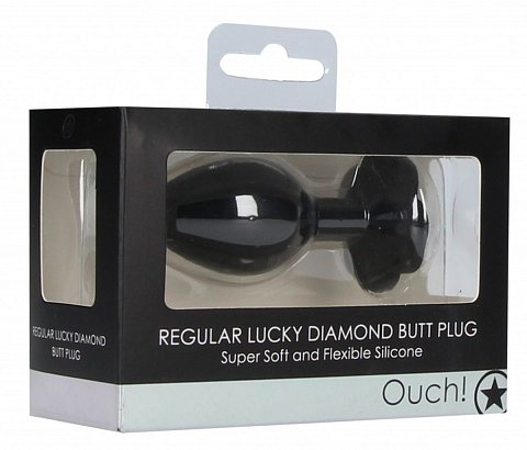 Черная анальная пробка с прозрачным кристаллом-клевером Lucky Diamond Butt Plug - 9,6 см.