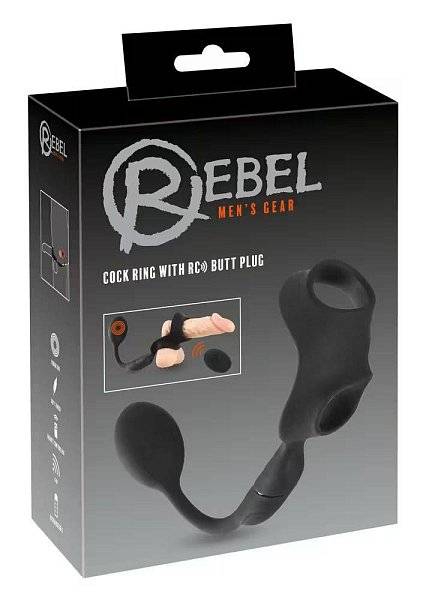 Черное виброкольцо с анальной пробкой Cock Ring with RC Butt Plug