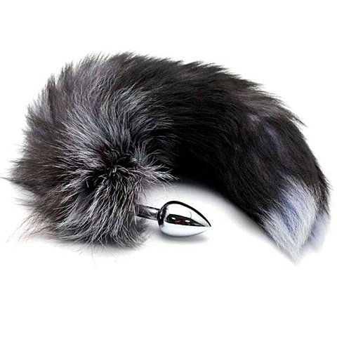 Серебристая анальная пробка с темным лисьим хвостом Black White Fox Tail Size S