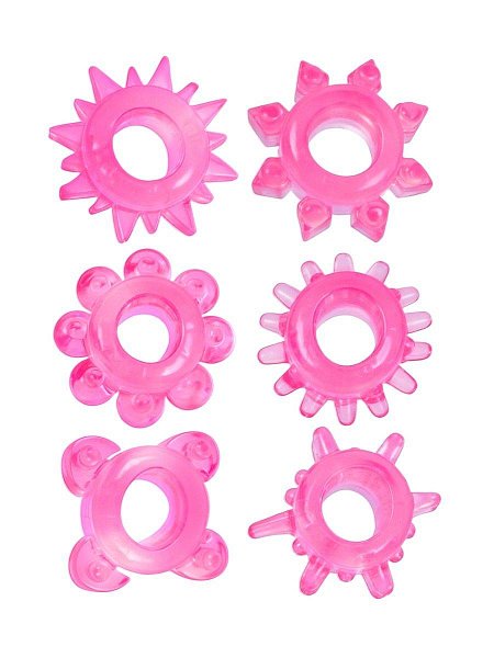 Набор из 6 розовых эрекционных колец с различным рельефом