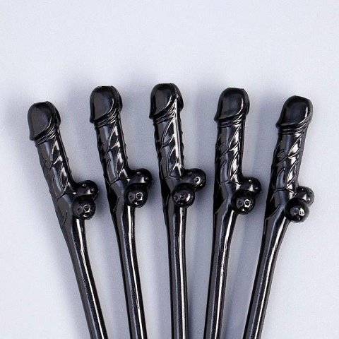 Черные коктейльные трубочки в виде пениса - 5 шт.