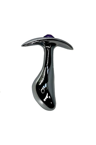 Серебристая изогнутая анальная пробка для ношения c фиолетовым кристаллом - 8 см.