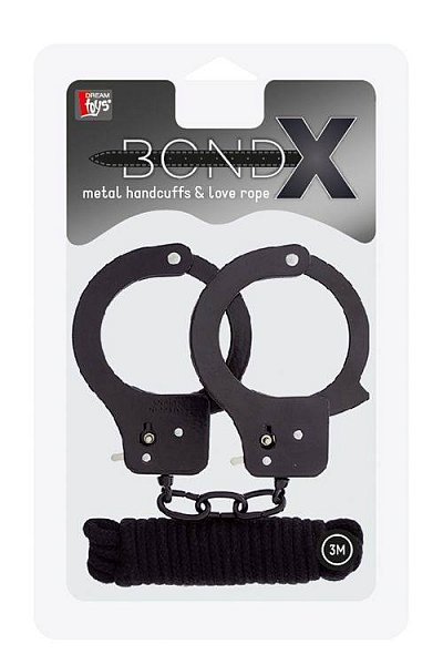 Чёрные наручники из листового металла в комплекте с веревкой BONDX METAL CUFFS LOVE ROPE SET