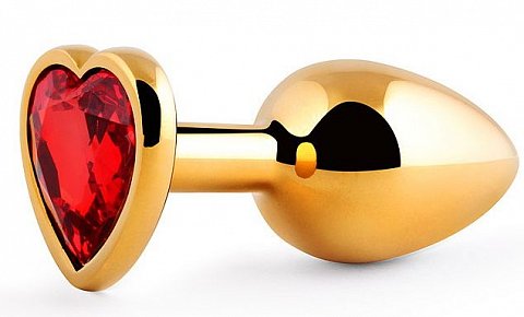 Золотистая анальная пробка с красным стразом-сердечком - 8 см.