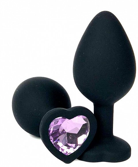 Черная силиконовая пробка с сиреневым кристаллом-сердечком - 9,5 см.