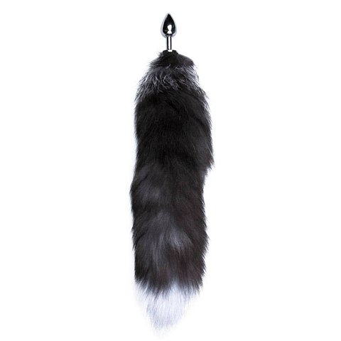 Серебристая анальная пробка с темным лисьим хвостом Black White Fox Tail Size S