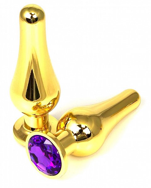Золотистая удлиненная анальная пробка с фиолетовым кристаллом - 9 см.