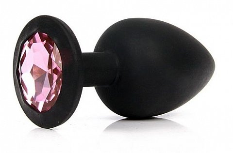 Чёрная силиконовая пробка с розовым кристаллом размера S - 6,8 см.
