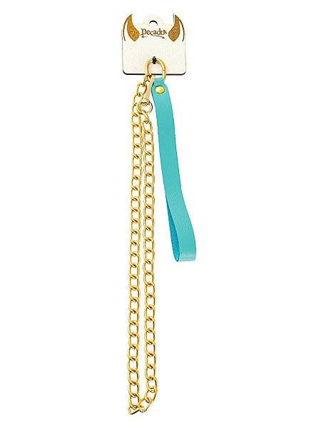 Голубой кожаный поводок с карабином для ошейника - 80 см.